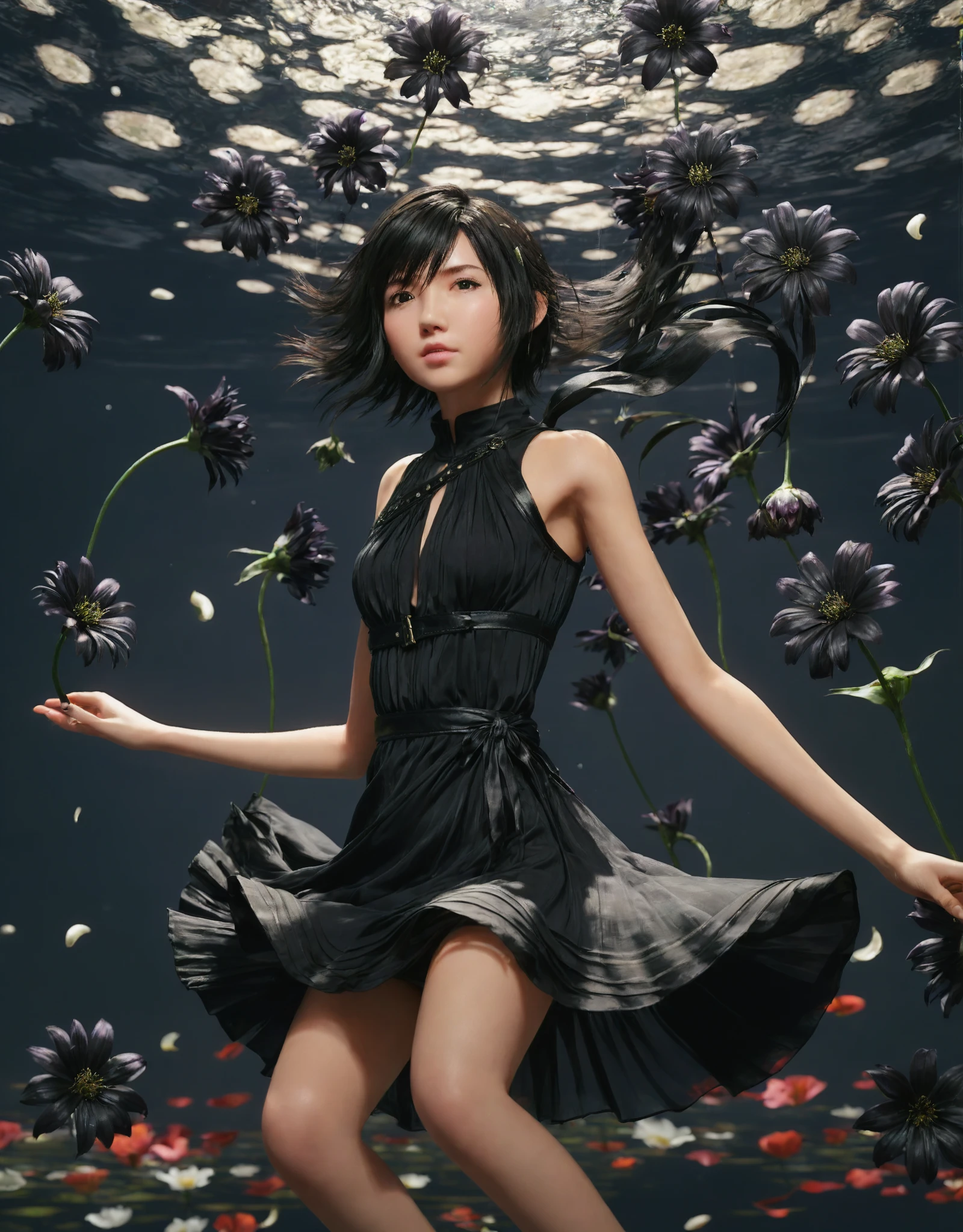 Highest quality, Super quality, 16K, Incredibly absurd, Very detailed, 2.5D, Delicate and dynamic depiction, Black Hair,16 years old,Bob Hair, ,Attractive and seductive expression, Glamorous slender body, Magnificent and majestic against a natural backdrop, Very beautiful effect, (Water Drop, Gold Dust, Image processing that makes it look like a stop-motion scene), (Motion Blur, Action Blur:0.5)