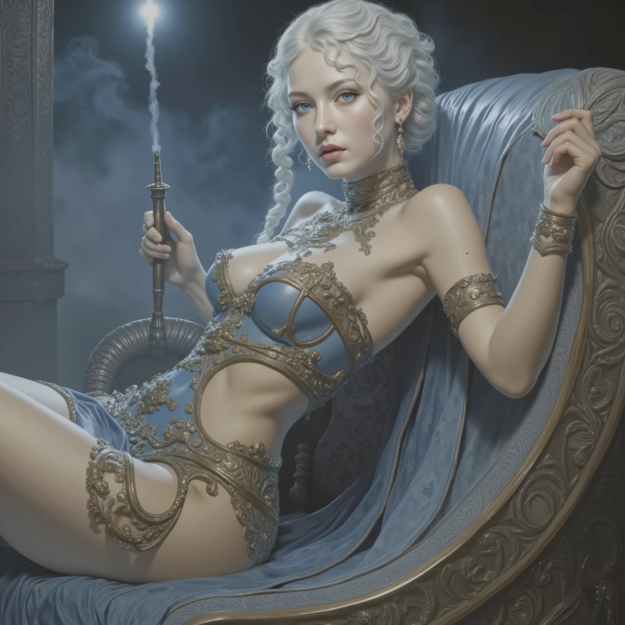[Silver Dragon] [glittery], [Precise, Thin edges], [Meticulous, Surgical precision]，Sit on a marble throne。