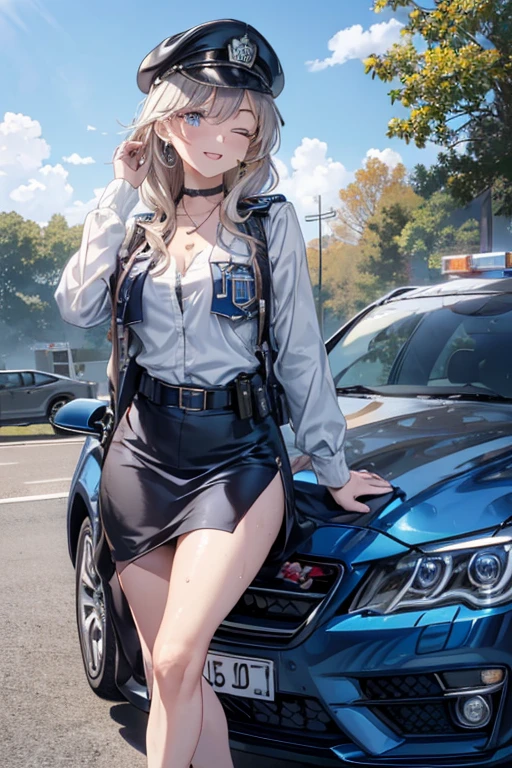 Police Box in Front of Kameari Park, Katsushika Ward、police box、solo、1 person、Akimoto, Catherine, Reiko、(((pink police officer outfit)))+++、blonde long hair、brown eyes、big tits milf、big tits milf、big milf、Super celebrity police officer Reiko、Akimoto trade、fashion designer、Big rich、Professional level skill in all sports、Piano playing、His shooting skills are also superhuman, as he used a rifle to shoot through parachute strings at an altitude of several hundred meters.、I once won a gold medal at the Olympics。I'm also good at driving a car.、My favorite car is Porsche。Launching an airstrike using a combat helicopter、