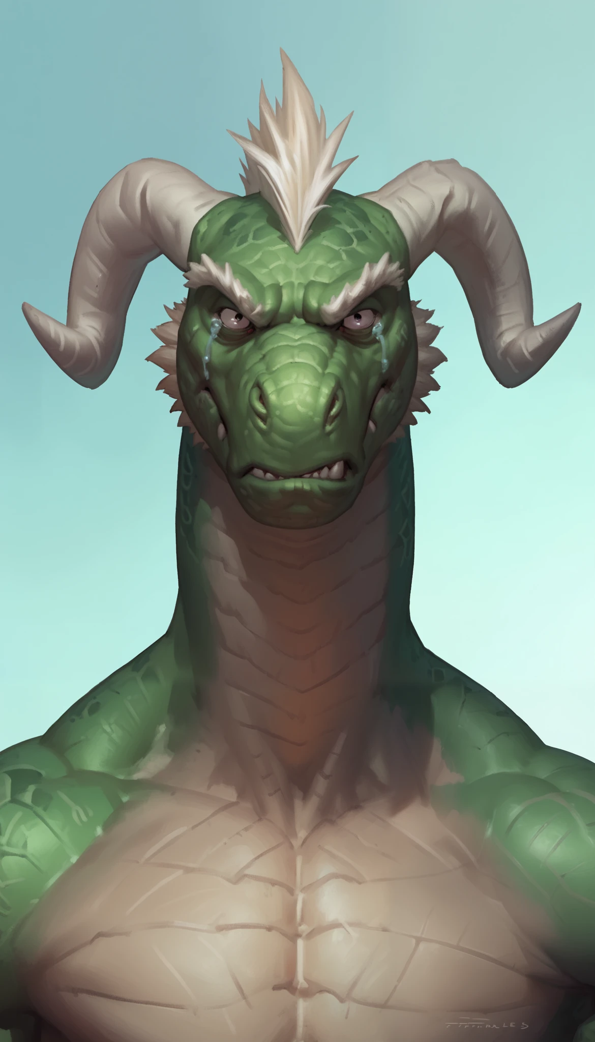((The Fallen, Angel by Alexandre Cabane)), Dragonborn, anthro, male, solo, scalie, green scales, dark green, angry, bitter, spiteful, tears, skinny, slender, old, elderly, mature, Kubrick stare, obscured face, white goatee, white Mohawk, frilled ears, long snout, frown, cut horns, short horns, by Taran Fiddler, overcast, stormy background, green sky, wasteland