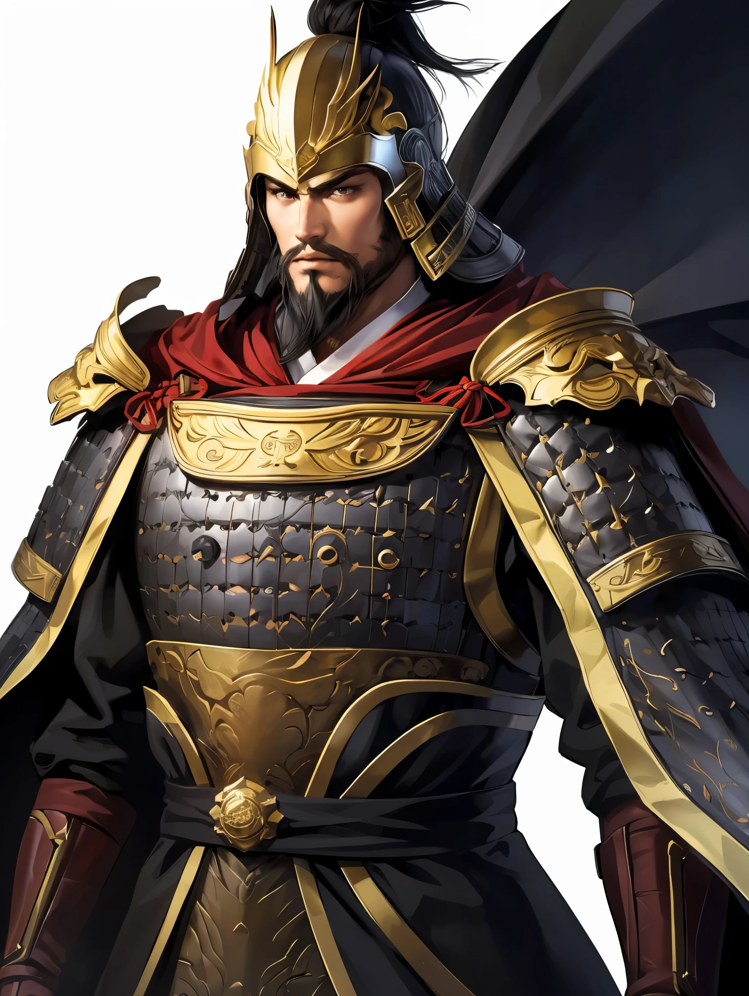 Boy in white armor 、 Three Kingdoms、whole body、( top quality ,4K,8k, high definition , Masterpiece :1.2)、 very detailed bust , high definition ,Hyper HD、perfect hand、Ultra-fine paint、 sharp concentration 、 physics-based rendering、 very detailed bust explanation、 very detailed bust 目と顔、 Attention to Beautiful Details 、perfect hand、 Black Armor、((( 1 young people are right 、 black velvet bed cape 、young boy、 viewer、 black hair、 expressionless 、From the waist up、 white background 、 dark eyes、 Iron Helmet 、 beard 、
