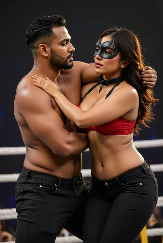 A young Puerto Rican man hairy bearded strong muscular red underwear bulge bulge, standing with legs open, with a weight hanging from the bottom of his underwear, lowering underwear, pulling down his underwear, woman in red panties pulling weight down, in performance on a stage of a television program presented by a famous presenter.