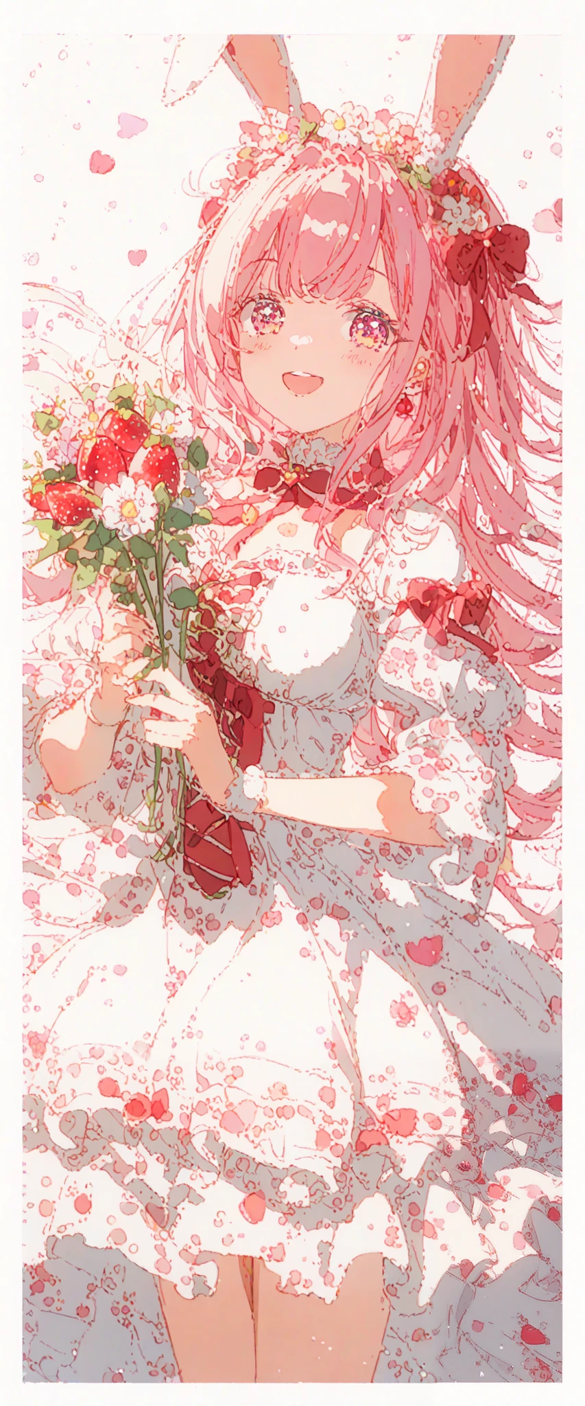 1 girl 、(PastelColors:1.3)、(Cute illustration:1.3)、(watercolor paiting:1.1)、highest quality, masterpiece, Surreal, High resolution, very detailed, 8k, (one girl:1.3), cute, anime, clear white skin,Yumekawa、fancy、pastel、Pink and light blue, cross-shaped pupils,Rabbit ears:1.0、 offer strawberries、Physical education、 (PastelColors:1.3)、(Cute illustration:1.3)、(watercolor paiting:1.3)、2girls:1.3、Detailed background、Smile with open mouth、close your eyes and laugh、Beautifully detailed、My、colourfull、marble、Particles of light、patterns、Double Layer Dress、Detailed drawing、Vibrant colors、striking contrast、intricate detailes、Delicate depiction、Luminescent、 Esbian、Beautiful facial features、Brightly colored eyes、Wearing intricate and delicate ornaments、glowing aura、Radiant hair,Morning light、White and red motifs、Red ribbons、Strawberry wreath background、,Thick wool gown:0.8、sweet、Cute as a dream、 ta、laugh, happy smiley、 have a smiling smile 、holding bunch of flowers、reacing outflowers、The entire background is pale purple、Purple Fantasy,reacing outflowers