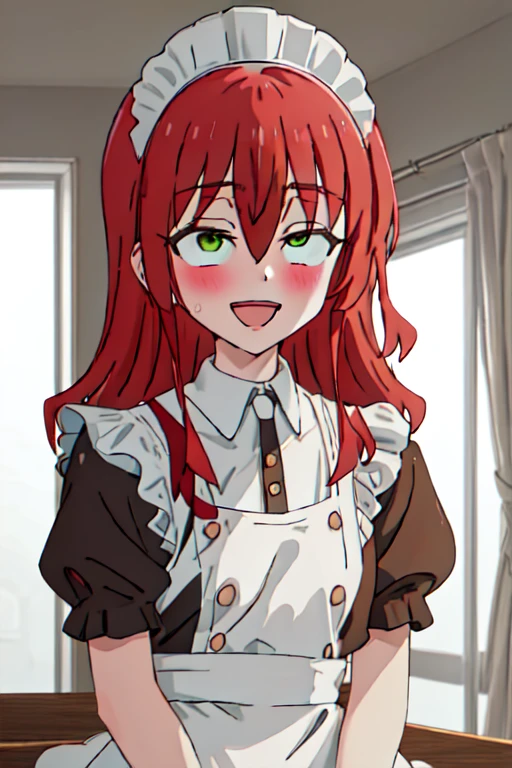 best quality, masterpiece, highres, solo, {kita_ikuyo_bocchitherock:1.15}, red_hair, long_hair, bangs, hair_between_eyes, one_side_up, green_eyes, smile, 1girl, apron, blush, maid, maid_apron, maid_headdress, closed_eyes, upper_body, :d, open_mouth, facing_viewer, indoors