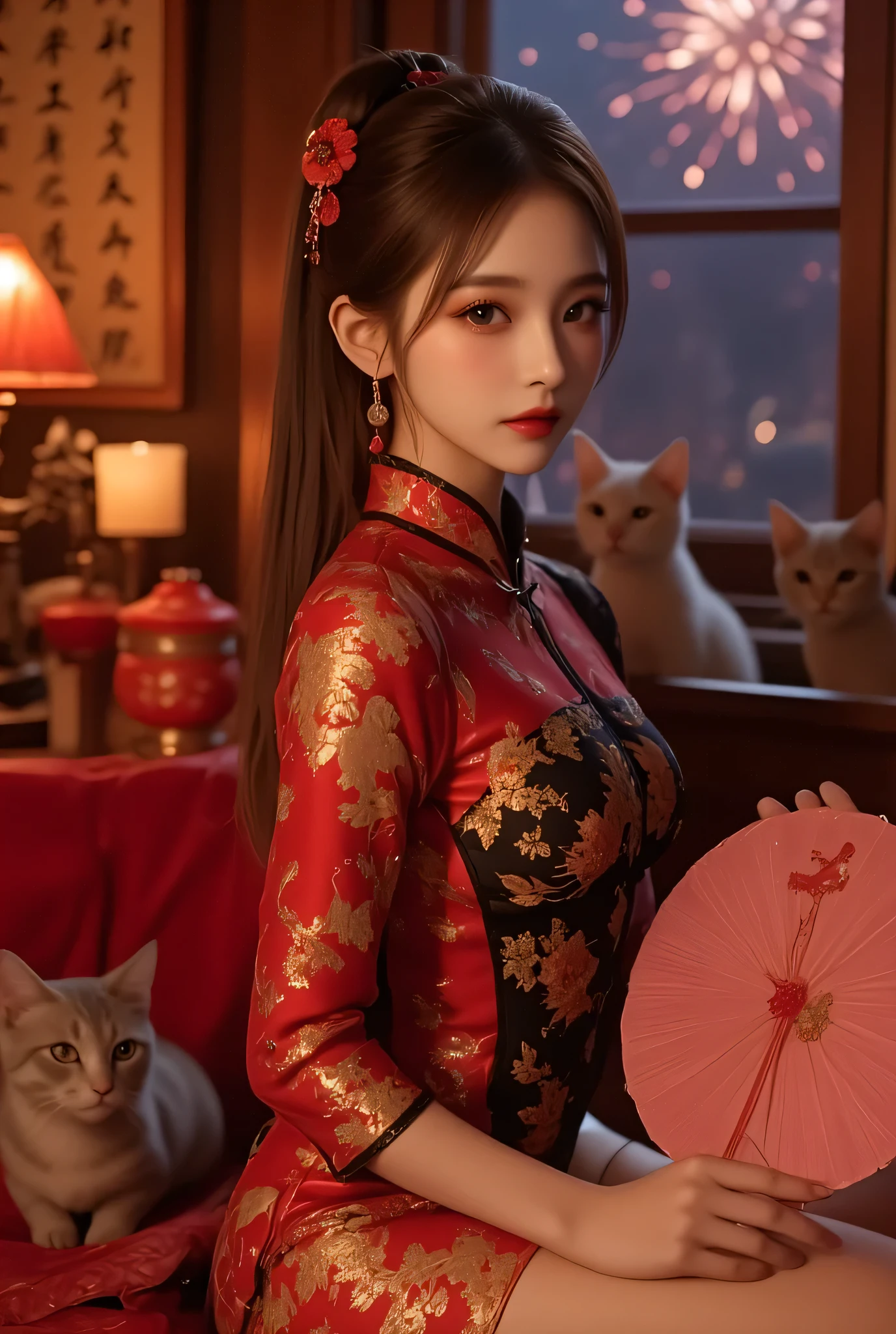 Cat ears、 face up, attractive, pretty girl, ponytail、 (( fine facial features , eroticism)), dramatic lighting , realistic , 8k, Dramatic Shadows , intricate and elaborate patterns , super detailed photo , chiaroscuro lighting , Pleasant colors , deep contrast , super real 、 pink lipstick、 warm room、Vintage Fireplace 、 cinematic composition、Close-up of face, pretty half part transparent open shoulder loose outfits dress, tang style, A beautiful Korean idol wearing a one piece red- black tightly cheongsam with phoenix and intricate floral golden embroidery, golden and silver outline on dress, hand hold pink feathers paper fan with golden ink drawing, standing gracefully in a room filled with traditional Chinese New Year decorations. The room features vibrant red lanterns, decorative calligraphy scrolls, a small Chinese orange tree with golden ornaments, and several red envelopes scattered across the floor and hanging from the tree. Adorable, playful cats are part of the scene—some sitting near the tree, others curiously pawing at the red envelopes or lounging around. Through a window or an open door in the background, vibrant Chinese fireworks light up the night sky in an array of reds, golds, and blues, casting a magical glow into the room. The idol’s outfit is paired with subtle accessories like red hairpins or earrings, complementing the festive look. The atmosphere is warm and lively, filled with the joyful essence of the celebration, enhanced by the shimmering lights of the fireworks and the lively decor.