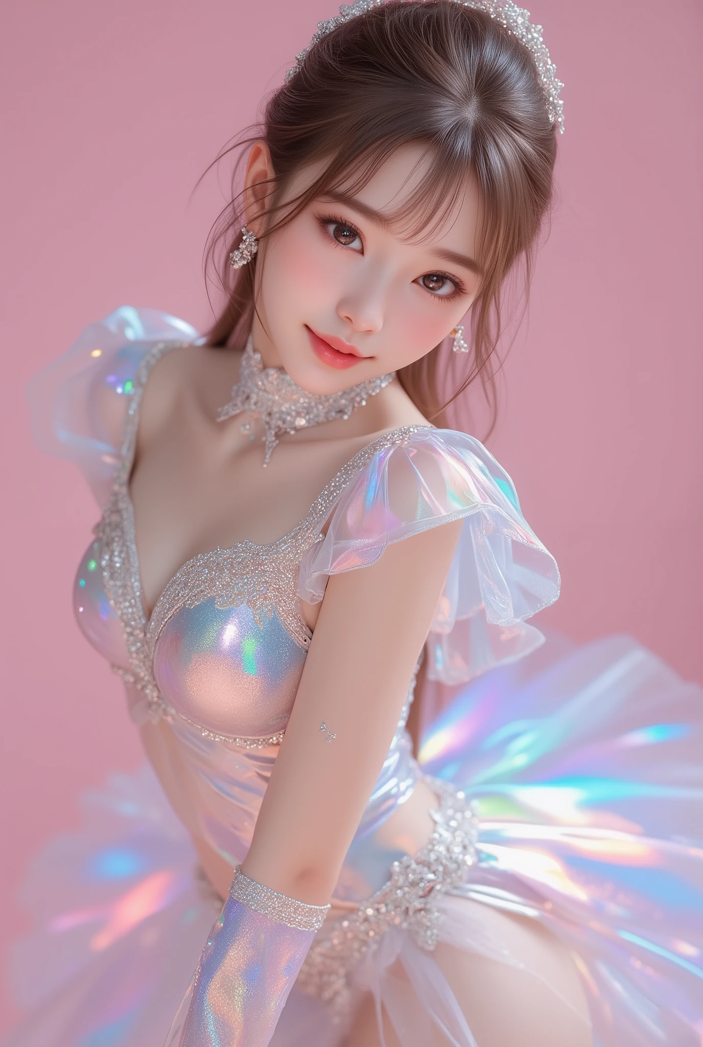8k, ray tracing, vibrant colors, 1girl, Yuuki Mikan, slim figure, masterpiece, sharp focus, best quality, depth of field, cinematic lighting, very detailed outfit, very detailed silver (holographic iridescent pink short ballerina tutu with golden embroidery and layered microskirt:1.4), (see-through mouth veil), forehead jewel, headband, scurtain, perfect eyes, perfect hair, rich in details and textures, Masterpiece, best quality, Anime girl in a seductive pose wearing a  (holographic iridescent pink short ballerina tutu with golden embroidery and layered microskirt:1.4), (see-through mouth veil), forehead jewel, headband, scurtain, looking at the viewer, beautiful and elegant, standing, 1girl, thick thighs, big tits shiny skin, shiny brown hair, messy hair, very long hair, yellow eyes, cameltoe, ballroom scenery, diamond earrings, huge diamond engagement ring, very elaborate diamond choker, very elaborate headband made of diamonds, front view, silicone implants, big silicone (see-through mouth veil), forehead jewel, headband, scurtain
