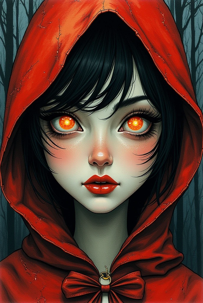 Photorealistic digital painting, modern girl sexy Naruto + branca de neve Devil fênix negra with the image of a black spider in a pleasing mix, taking inspiration from detailed forms of, dressed in an illustrious red  black gold jaketa Hood red  enhanced by the artistic styling of artists like Jose Royo, Boris Vallejo, Julie Bell, Carne Griffiths, Benedick Bana, Brian Froud, Eric Wallis, combines the mystique of fantasy