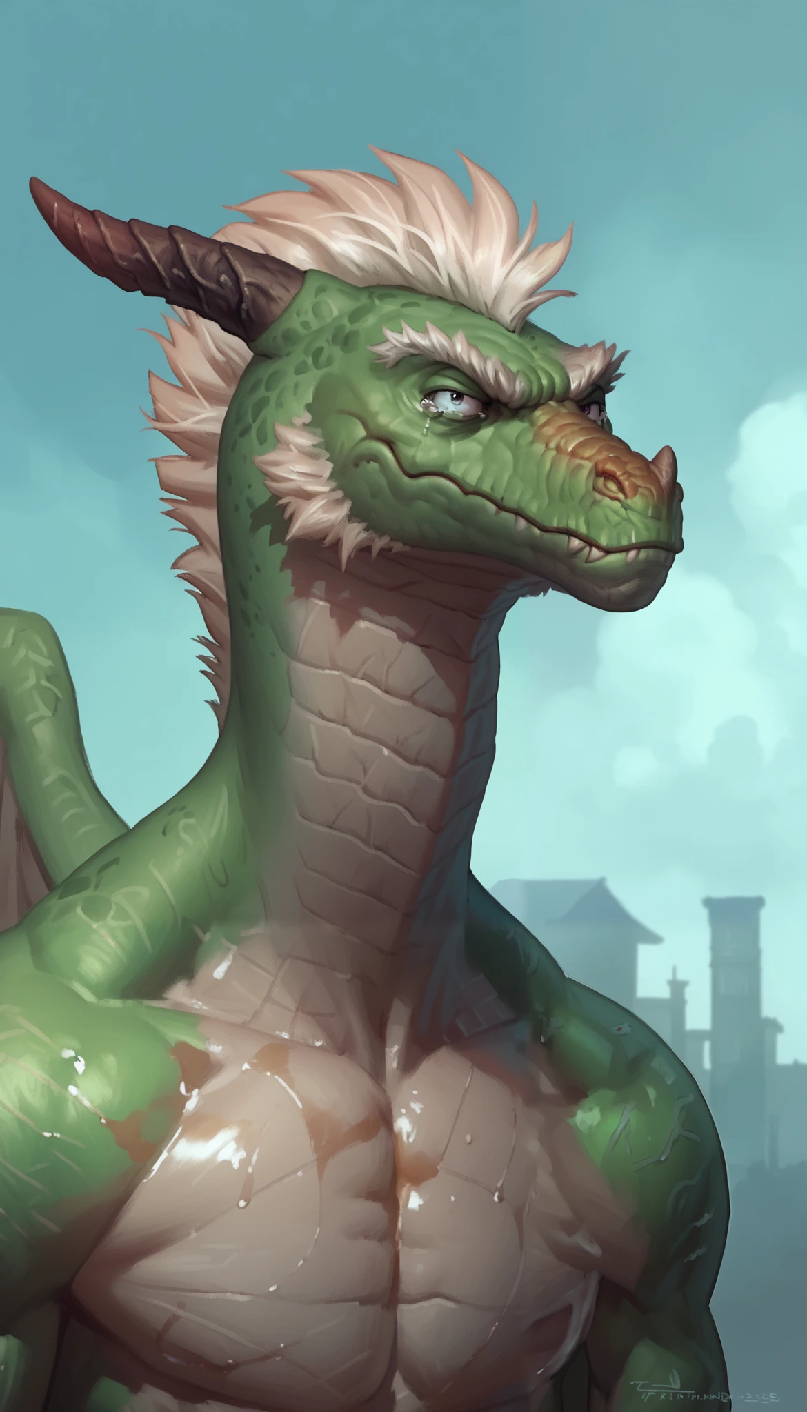 ((The Fallen, Angel by Alexandre Cabane)), Dragonborn, anthro, male, solo, scalie, green scales, dark green, angry, bitter, spiteful, tears, skinny, slender, old, elderly, mature, Kubrick stare, obscured face, white goatee, white Mohawk, frilled ears, sharp snout, frown, cut horns, short horns, 3/4 view, renaissance painting, oil panting, by Taran Fiddler, overcast, stormy background, green sky, wasteland