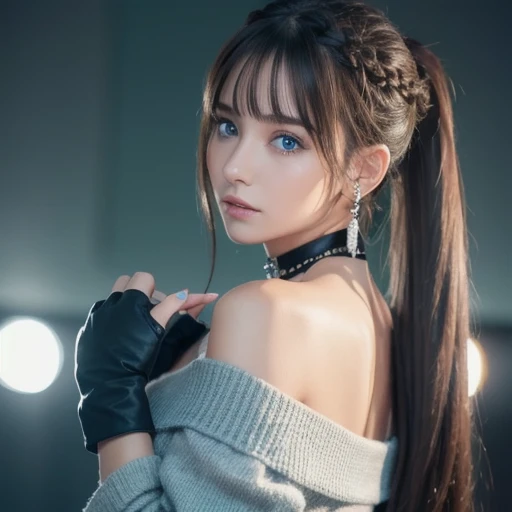  1 girl,   aqua eyes, return, bangs,  shoulder out, black  gloves, blue eyes,  braided ,  choker ,  earrings, fingerless  gloves,  from behind ,  gloves,  gray hair,  holding on gemst,  jacket,   jewelry,  long hair,  Audience , looking return,  nail polish,  off shoulder,  Open Lips,  piercing above spo,  ponytail, red  jacket, Alone,  upper body,sale,[[ realistic]],(  shiny skin ),(Masterpiece:1.4),( best quality :1.4)