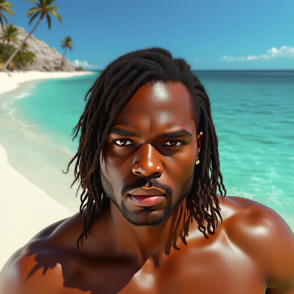 Cinematic soft lighting illuminates a stunningly detailed and ultra-realistic handsome Afro-American male supermodel, beach look, ultra short messy light brown hair, clear honey eyes, captivating perfect smile, sensual, hot man, insanely handsome, that is trending on ArtStation. Octane is the perfect tool to capture the softest details of this 16k photography masterpiece.