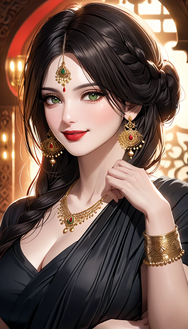 1 girl, extremely detailed beautiful face, striking features, hypnotic eyes, elegant sari, ultra high detailed, ultra high resolution, ultra high quality, masterpiece, perfect lighting, large breasts, long tassel jhumka earrings