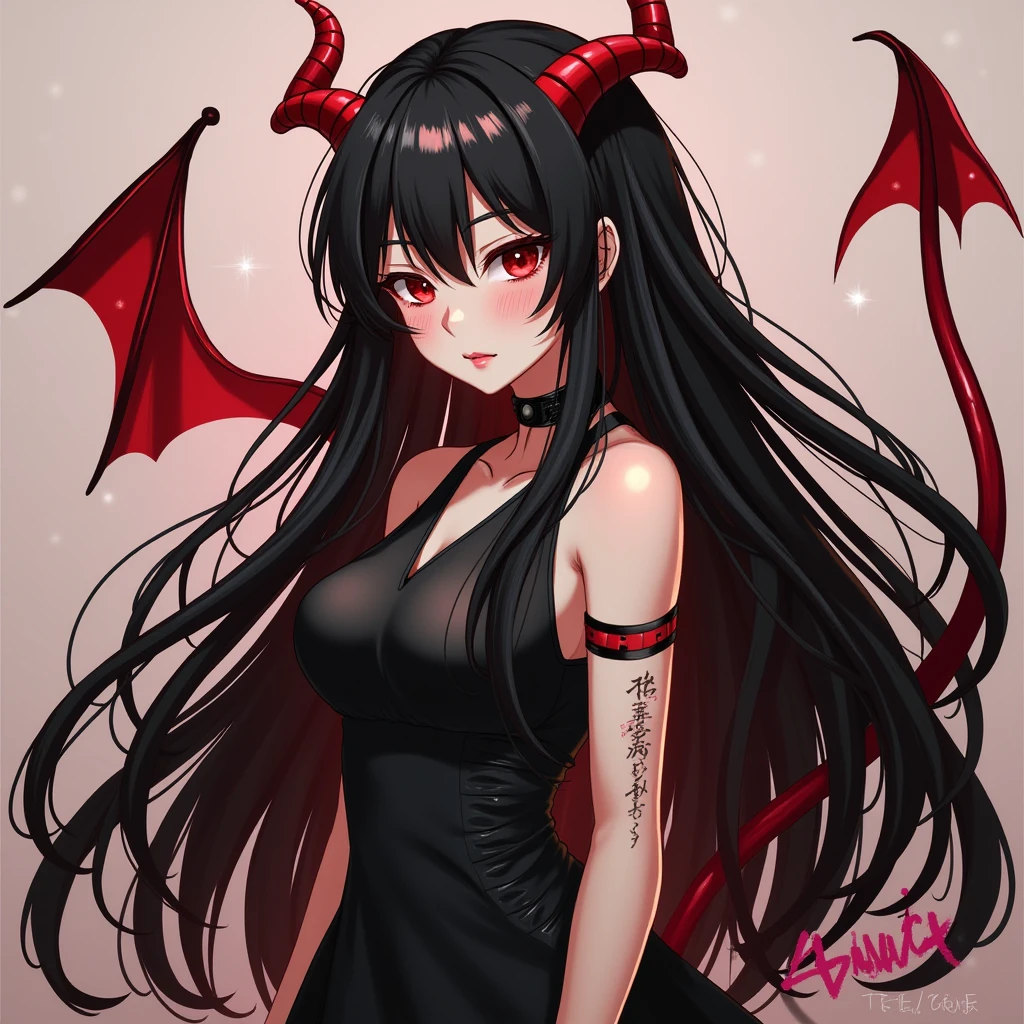 Create an illustration of a devil girl with her devil wings and tail, in anime manga version, with big eyes and long hair