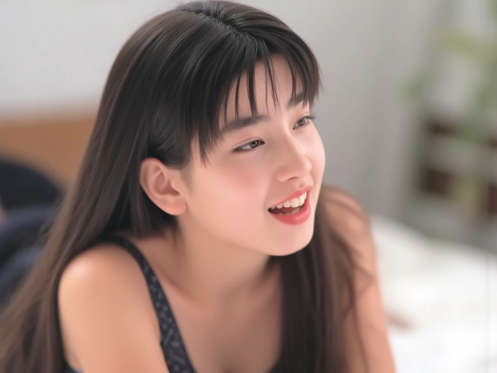 Highly detailed CG Unity 8k wallpaper, of the highest quality, masutepiece, Realistic, photographrealistic, Highly detailed beautiful woman, 18year old、(((flat chest)))、 (get sweaty) , Round eyes, ((You can see the shape of the nipple through the clothes))、Realistic female hands、viewer, blush, Smile, Parted lips, full body photographed , スケベなundergarment , (((undergarment)))、a bed、Frontal photography、((((Taken from below))))、full body