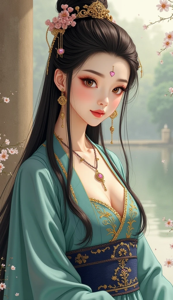 masterpiece,best quality,(8k, RAW photo:1.2),(( ultra realistic)),(full body portrait),upper body,aristocratic style,Royal style,(1girl),(solo),, gorgeous_light_and_shadow, stunning environment, (vibrant colors:1.2),soft focus, (sharp focus:1.1),(delicate illustration:1.4),, black hair, intricate hair ornament,stud earrings,ponytail plait, bracelets,(choker:1,3),jewelry,hair decoration,, 1 young girl, (18yo:1.3), (sharp focus:1.4), (Japanese:1.0),(chinese:0.5),(renaissance face),photo of a woman,, messy hair,long hair, black hair, exquisite hair, exquisite colored hair,, ultra realistic,hick lips, beautiful lips,, exquisite facial features,perfect skin, genbwpatani_4t