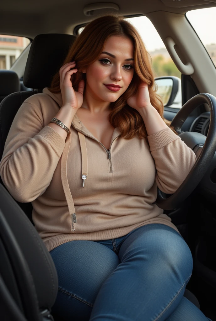 1 beautiful woman, large body, red lips, hair tied up in a bun, eyelids made up, gray T-shirt, jacket over T-shirt, lilac jacket, cleavage, black sweatpants, sneakers, sleeping sitting on the bus, mouth open, eyes closed