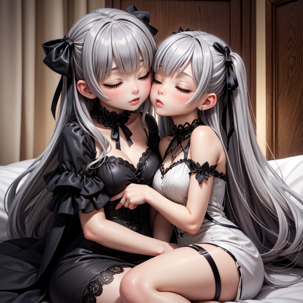 masterpiece, best quality, nsfw,
 2girl, kiss, 
 maid clothes, white panties, white garter belt, silver hair, embarrassed face, 
 bedroom, night,