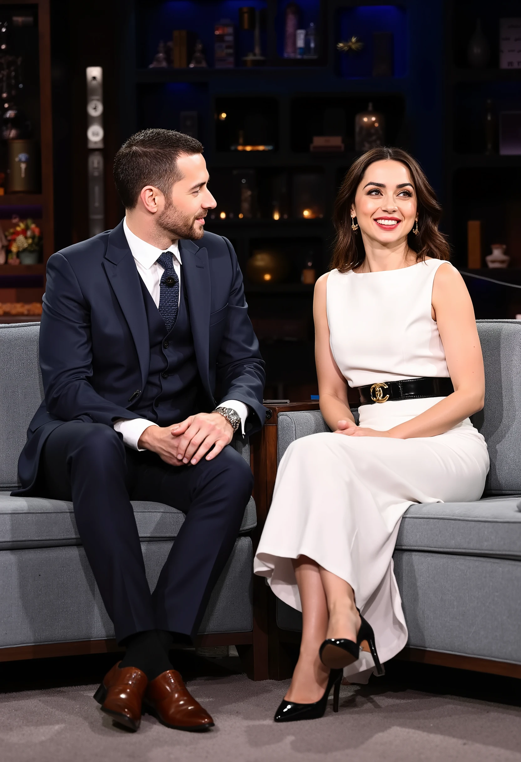 TV show, 1 male announcer and 1 famous Actress talk show, (brown short hair, taking , dark blue suit style, jacket and vest ,pant , socks, brown shoes, 1 men's watch ) , 1 female actress, sitting laughing talk face to face, (Ana de Armas, smile , middle cut, brown hair, Chanel design earing, White 1 peace Chanel design classic dress and Chanel leather black belt)., back TV studio, (super detail, high details, high quality, accurate, anatomically correct, textured skin, beautiful fingers super detail, high details, high quality, best quality)
