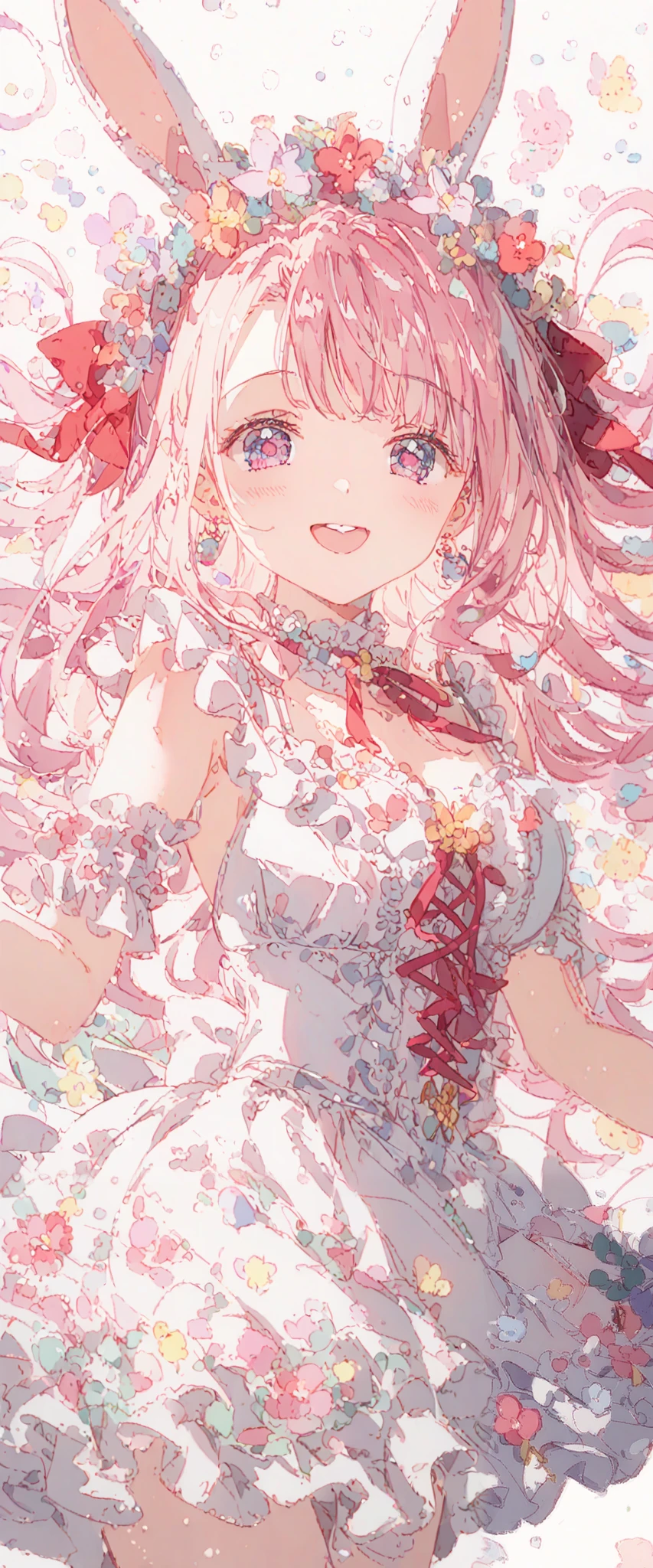 1 girl 、(PastelColors:1.3)、(Cute illustration:1.3)、(watercolor paiting:1.1)、highest quality, masterpiece, Surreal, High resolution, very detailed, 8k, (one girl:1.3), cute, anime, clear white skin,Yumekawa、fancy、pastel、Pink and light blue, cross-shaped pupils,Rabbit ears:1.0、 offer strawberries、Physical education、 (PastelColors:1.3)、(Cute illustration:1.3)、(watercolor paiting:1.3)、2girls:1.3、Detailed background、Smile with open mouth、close your eyes and laugh、Beautifully detailed、My、colourfull、marble、Particles of light、patterns、Double Layer Dress、Detailed drawing、Vibrant colors、striking contrast、intricate detailes、Delicate depiction、Luminescent、 Esbian、Beautiful facial features、Brightly colored eyes、Wearing intricate and delicate ornaments、glowing aura、Radiant hair,Morning light、White and red motifs、Red ribbons、Strawberry wreath background、,Thick wool gown:0.8、sweet、Cute as a dream、 ta、laugh, happy smiley、 have a smiling smile 、holding bunch of flowers、reacing outflowers、The entire background is pale purple、Purple Fantasy,reacing outflowers