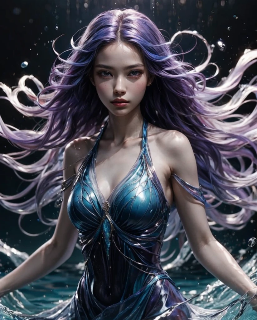 (RAW shooting, 32k:1.5, highest quality, masterpiece, Ultra-high resolution), (Under the sea at night:1.0, moonlight:0.7, Mystical Expressions:1.3, Expressions of sadness:1.0), Fractal Art:1.3, Perfect dynamic composition:1.3, 非常にdetailedな肌と顔の質感:1.3, (Dynamic flow of water waves:1.2, Slim Mermaid:1.1, Mermaid tail), Looking up at the audience, Fair skin:1.1, Incredibly slim body:1.2, Very beautiful face:1.1, Water droplets on the skin, detailed, (Rain drips down on my body:0.9, Wet body:0.9, Wet Hair:0.9), (Posing Pro:0.9, With a wet bouquet:0.9, Gorgeous silver shiny mermaid dress portrait:1.2, Woven Belt), Shapely breasts, (Big eyes that exude beautiful eroticism:0.5, Lips that exude beautiful eroticism:0.5), Totally captivates you, Very sweet atmosphere, necklace, Earrings, bracelet