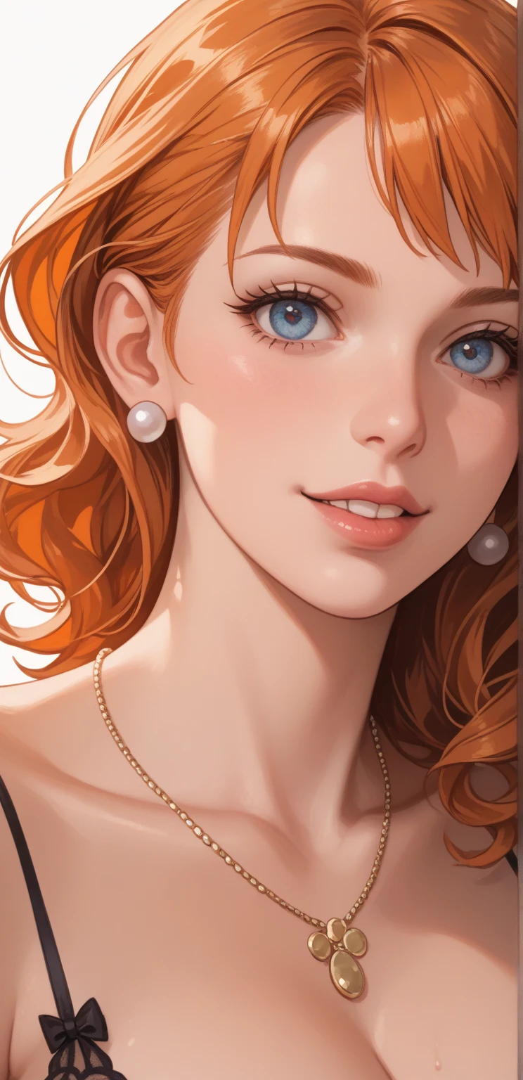 high definition symmetrical image, (goddess of breasts, a woman born from flowers, (round face), (luxury jewelry), eyes realistic sizing, drooping eyes, smiling, small breasts, closeup breasts, luxurious dress, swollen nipples, red hair, curled hair), ((art nouveau)), ecstasy face, (alphonse−mucha), earrings, hip,