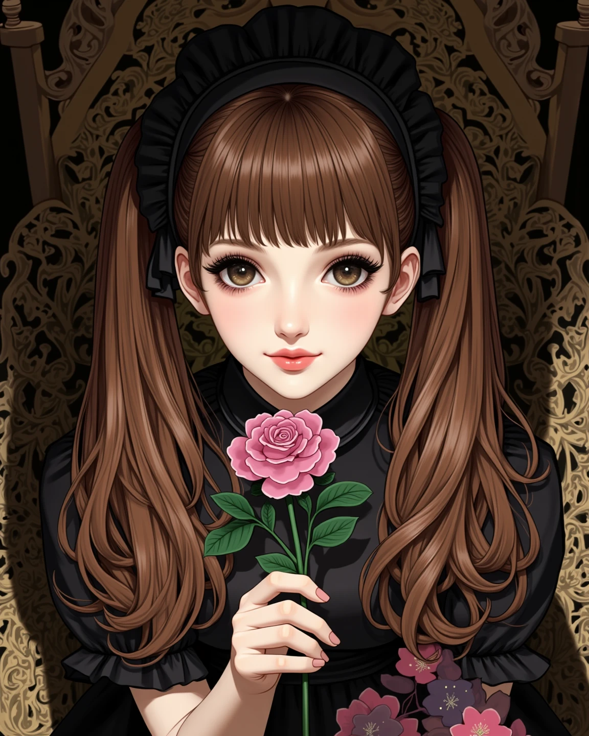 A gothic girl, cute girl, Vintage Girls' manga, retro artstyle, blunt bangs, brown hair, lips, black eyes, long eyelashes, pale skin, gothic girl outfit, black dress, holding flower, close-up, twin tails, bonnet, smile, dramatic shadows, dark romantic background, cover page, Retro texture, (masterpiece, best quality:1.2)