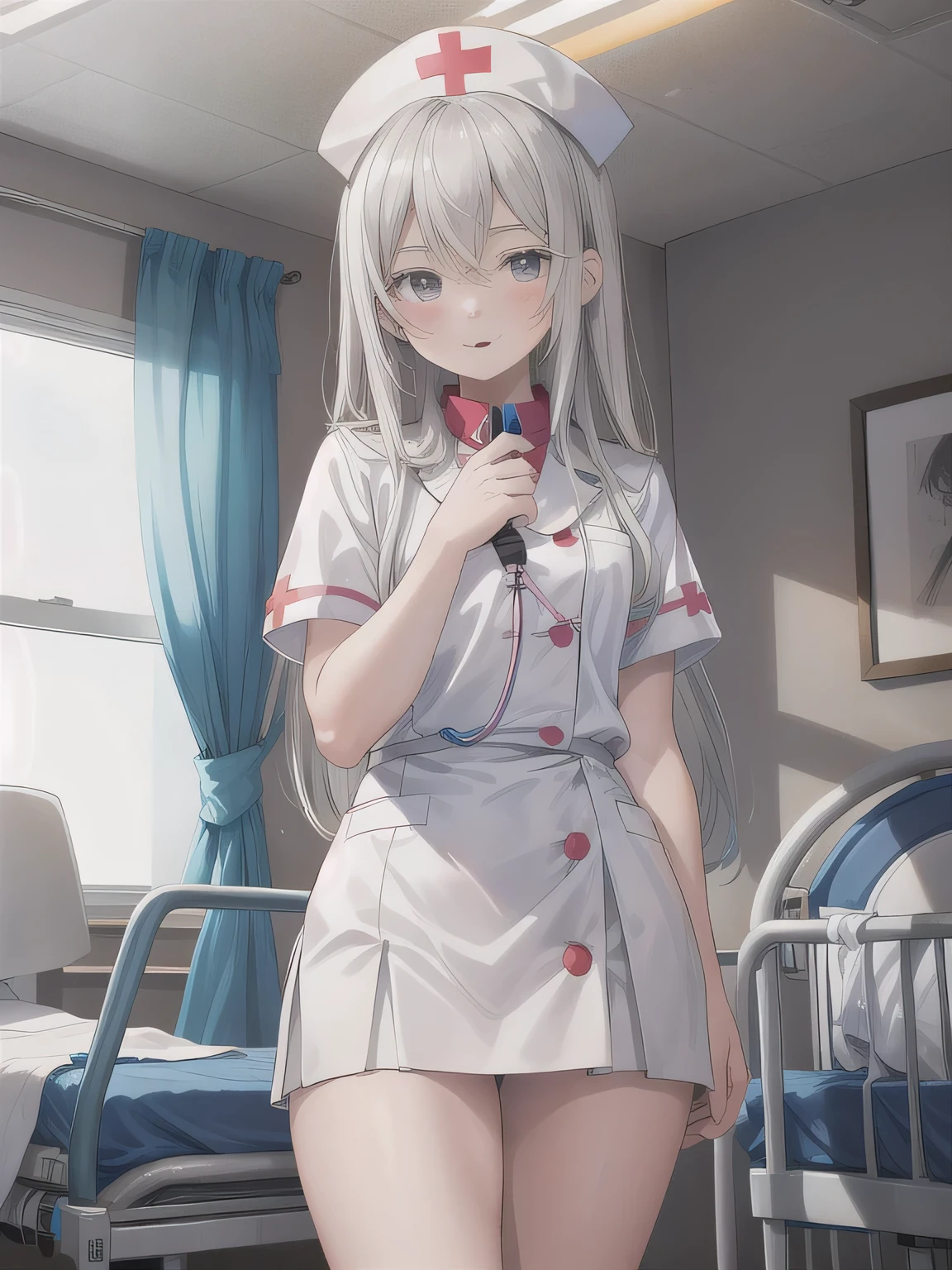 Depict a 20-year-old, very beautiful woman in a hospital room. She is wearing a nurse cap and a mini-skirt style white uniform. Her expression is shy, and she is smiling gently. The setting includes medical equipment and furnishings typical of a hospital room, with soft lighting to create a warm and welcoming atmosphere.  long hair, Gray Hair, dark eyes.