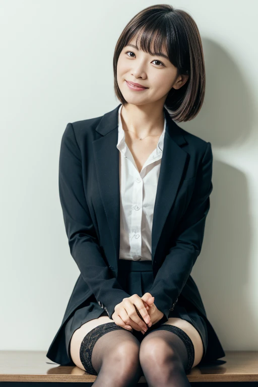 Raise your hand,legs crossed:1.5,Inside the company、Wearing a dress shirt and business jacket,look at the camera with a smile、(Panties)、woman, 20-year-old, Short Hair,私のPantiesを露出させてください...、(レースのPantiesー)、(Tilt your head a little)、Detailed skin、Detailed skin、Detailed Sweat