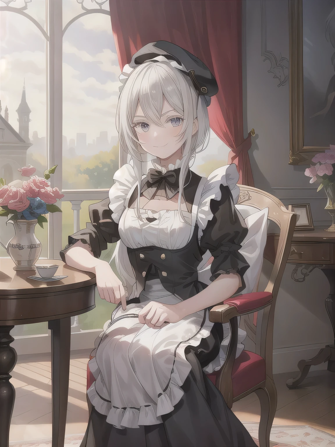 Depict a 20-year-old, very beautiful woman in a luxurious mansion room. She is dressed in a classic black-and-white maid outfit with a short hem and wearing a white brim cap. Her expression is confident, and she is smiling warmly. The setting includes elegant furnishings and decor typical of a grand estate, with soft, natural lighting to enhance the sophisticated atmosphere.  long hair, Gray Hair, dark eyes.