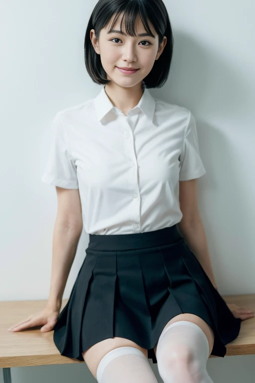 masterpiece,1 girl,(((flat chest))),(((bottomless))),shirt,(((no panties))),thin body,((slender)),(cute),NSFW,((pussy)),looking here,(((young))),thin thighs,standing,((labia majora)),((from front)),indoors,school,uniform,smile,