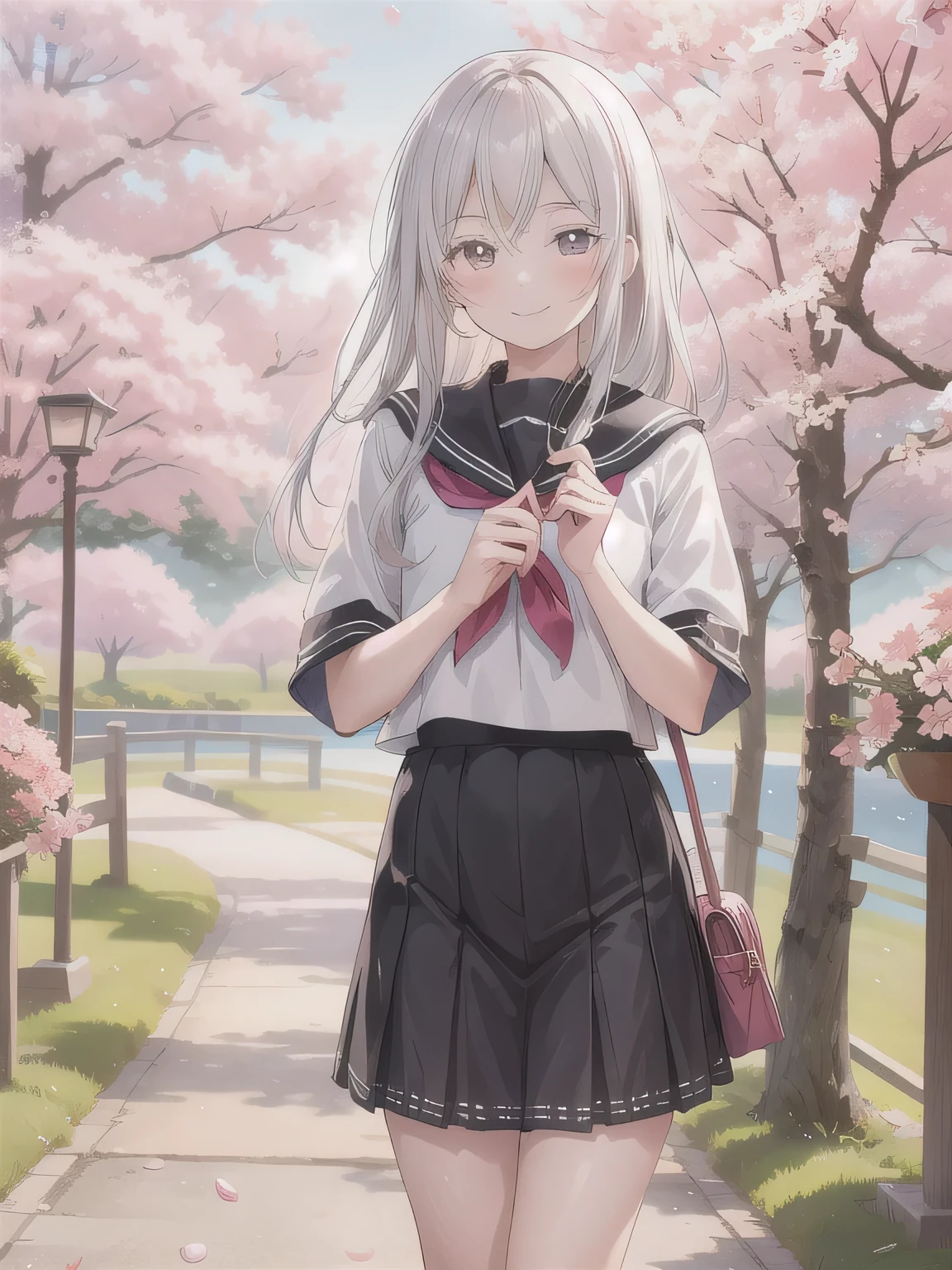 Depict a 20-year-old, very beautiful woman standing under a row of fully bloomed cherry blossom trees. She is dressed in a classic black-and-white sailor-style outfit with a short hem. Her cheeks are slightly flushed, and she is smiling gently, radiating a cheerful and charming aura. The background is filled with vibrant pink blossoms and soft natural light, creating a serene and picturesque scene. long hair, Gray Hair, dark eyes.
