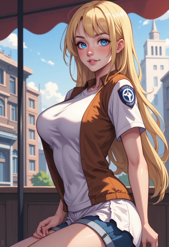 ( masterpiece, ultra-detailed , envelopes, Clear focus, shadow, ultra high resolution , 8K, anatomía perfecta, Perfect face, ( detailed face ), ( Detailed eye ), An anime woman, blonde with long hair and blue eyes , smiling flirtily. He wears a two-tone shirt , with a brown upper part and a white lower part , that highlights her figure . On his shoulder he wears a patch that seems to be a badge related to an organization. The background shows an urban landscape with modern buildings and more classic architecture , which suggests that he is in a mixed area . The atmosphere is cheerful and dynamic , reflecting a sunny day .