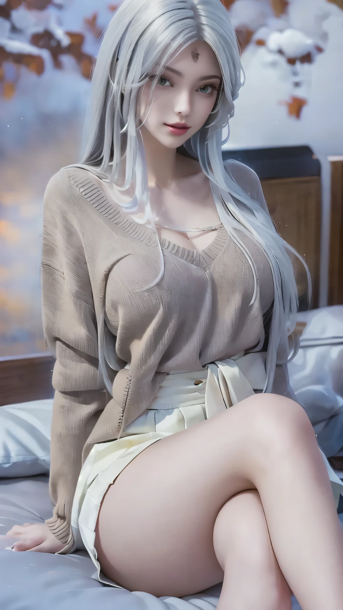 arafed woman sitting on a bed with a plaid skirt, cute schoolgirl, wearing honey - themed miniskirt, a hyperrealistic schoolgirl, hyperrealistic schoolgirl, sitting on the bed, sitting on a bed, sitting on her bed, thighhighs and skirt, touching her clothes, wearing sweater, seductively looking in front, wearing a sweater, sexy clothes 