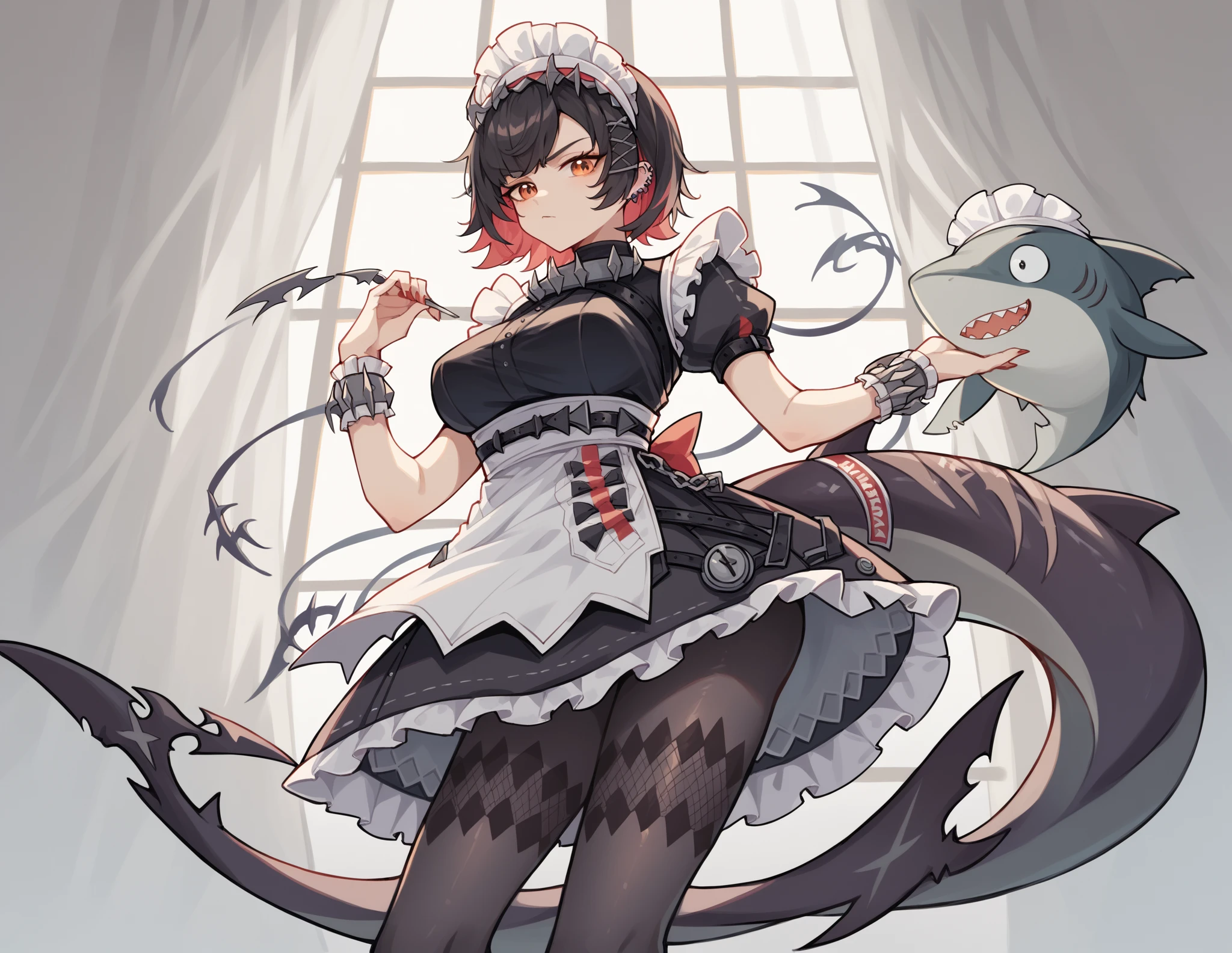 ellen, red eyes, black hair, short hair, colored inner hair, hairclip, ear piercing, fins, shark tail, maid headdress, hair ornament, black dress, puffy short sleeves, choker, frilled dress, high-waist apron, black pantyhose, wrists cuffs, chain, bondage, upside down, gagged, undewater