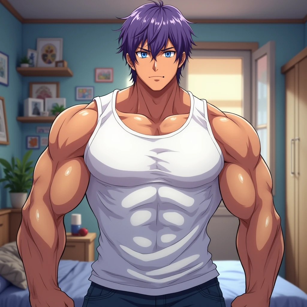 Hands down，Bare chest muscles，Upper body，(masterpiece，The best quality，H)，1 person，Naked Man，很shy，My face turns red，shy，muscular，Eyes look at the audience，Nude，(Nude)，Blue eyes，No shirt，Upper body，short blue-purple hair，Youthful feeling，young，(Fluorescent lamp)，(One color)，(蓝色background)，Purple Striped Shorts，Thick arms，Broad shoulders，Strong without being bulky，tall and big，Extremely tall，The room looks small to him.，Hairy body，Very big body，Covered with muscles，Very strong，strongman，huge，maximum，Open your arms to your sides，Facial Cleansing，Clean face，Chest muscle expansion，background：A hanger full of clothes