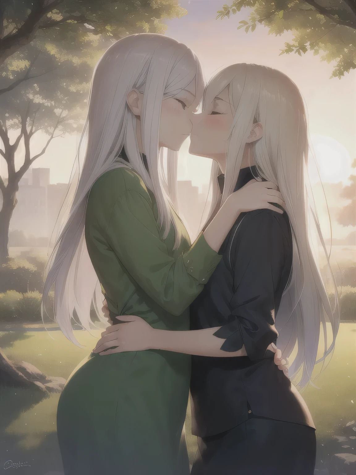 Depict a 20-year-old, very beautiful woman standing in a lush, green park at sunset. The warm light of the evening sun bathes the scene in a golden glow. She is facing forward, her eyes gently closed, her cheeks slightly flushed, and her face tilted slightly upward as if anticipating a kiss. The atmosphere is serene and romantic, with the soft colors of the sunset complementing the tranquil surroundings. long hair, Gray Hair, dark eyes. 1 woman。