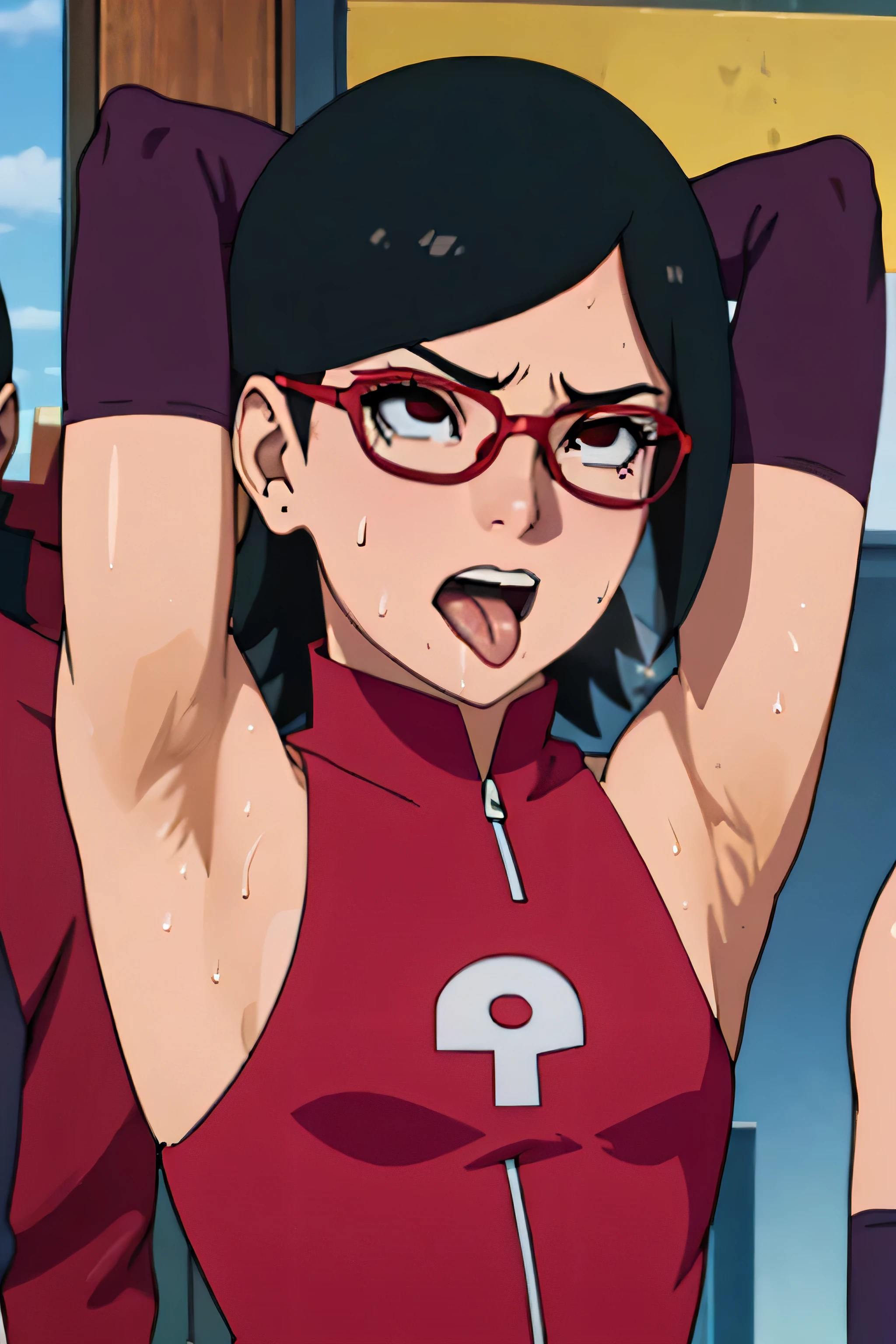 Sarada Uchiha,human woman with tanned skin. She is a 1 ager with black eyes and red clothing. Her hair is black in color; She is beautiful.Wearing red rimmed glasses.Tsundere face. Pink eye shading,mature appearance,armpits,sweat,sweaty,sweaty armpits,arms up,showing armpits,awesome armpits,outfit,blackish red arm warmers,maroon arm bands,maroon arm warmers,showing tongue,tongue out