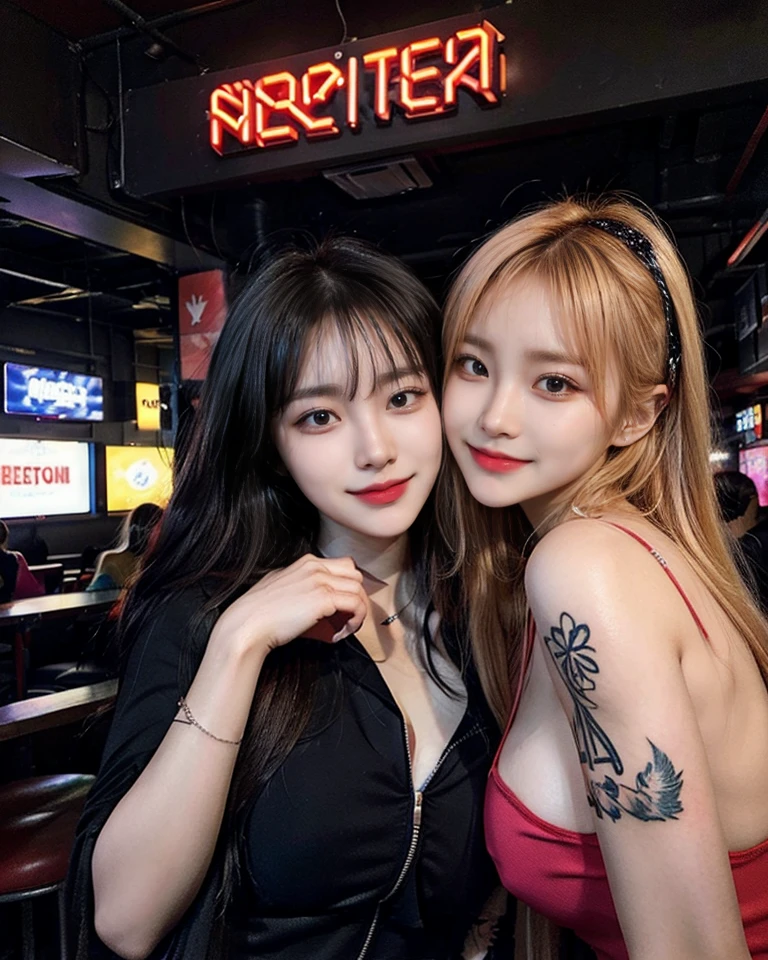 (masterpiece), best quality, expressive eyes, perfect face, black stocking, black tanktop, little smile , gloves, blonde, armpit, straddle, tight tanktop, big boobs, necklace, earing, punk, rock, emo, long hair, , , tattoo, Korean girl, night life, strip club, 2 girls, hug, kissing