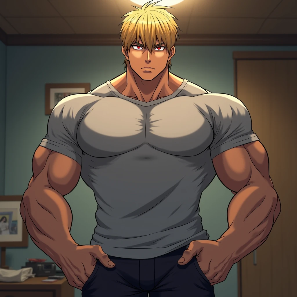 Katsuki Bakugo from Boku No Hero Academia, wearing blue jeans with brown belt, smug smile, bodybuilder, defined body, shirtless, abs, big legs, white empty room, sexy, posing and flexing his triceps like a bodybuilder