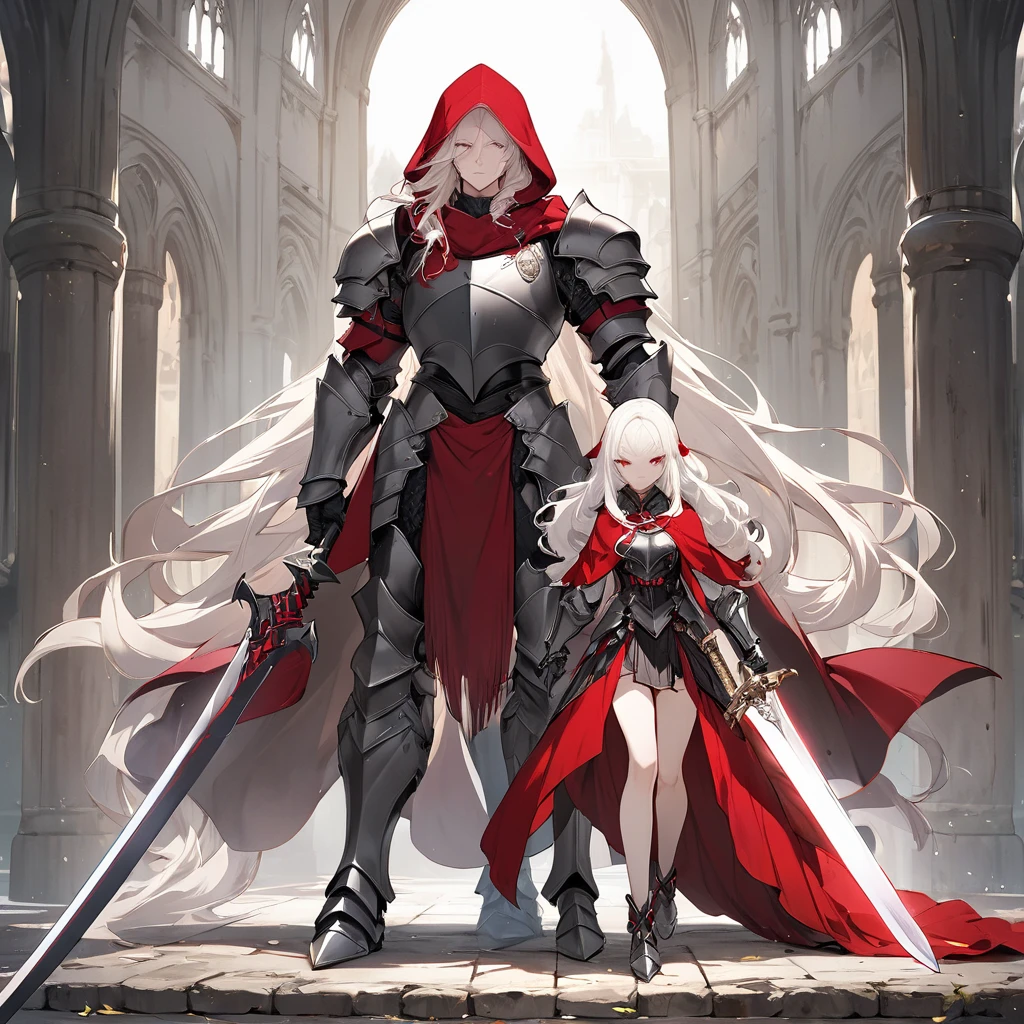 A male albino knight with long hair, wearing heavy armor with red hood carrying long swords