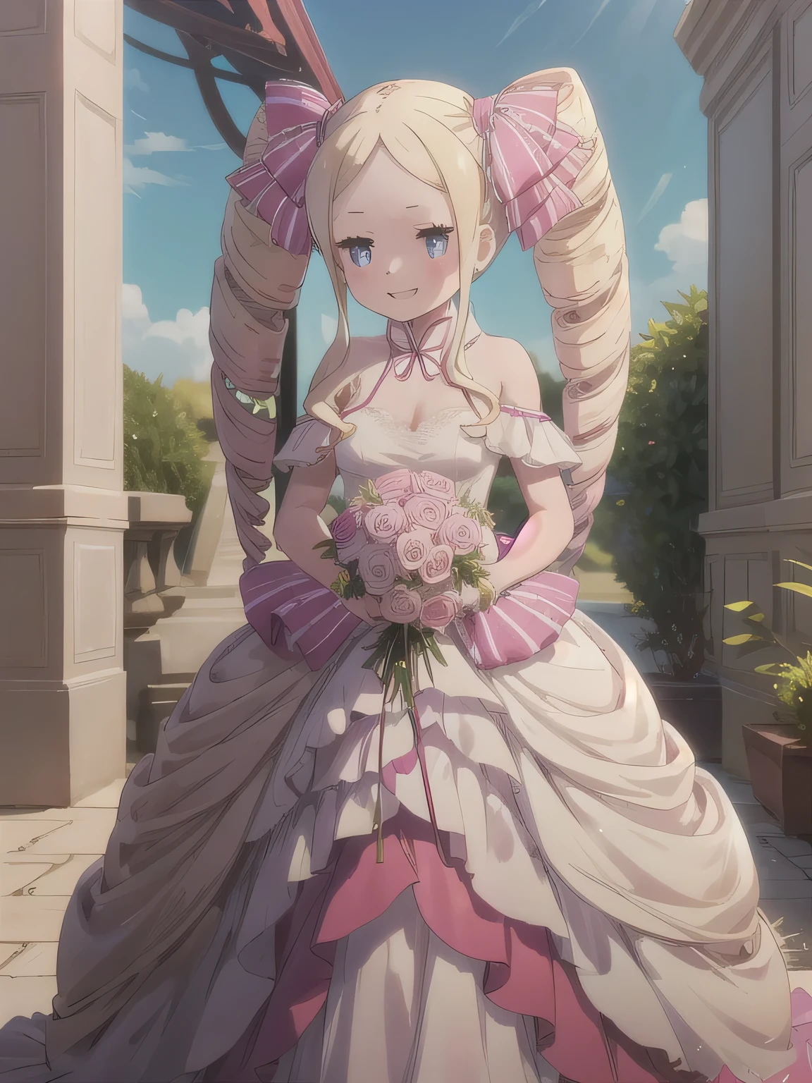 A stunningly beautiful 20-year-old woman standing in the courtyard of a luxurious mansion under a clear blue sky. She is wearing a white and blue wedding dress and holds a red bouquet with both hands in front of her chest. She looks very happy, with a radiant and joyful expression.