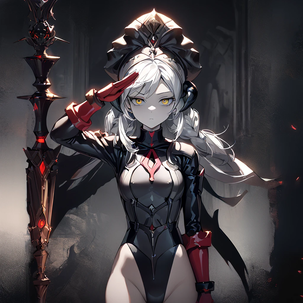 Young Female, Pale Skin, Red Eyes, Short White Hair, Menacing Expression, Beautiful, Dark Lighting, Intimidating, Horror Theme, Standing, Darkness surrounding, Tentacles forming from behind her back, Wearing a black cloak with the hood up, tentacles moving from underneath the cloak, Cinematic, HDR, Vibrant Colors, RTX, HD, Very Detailed, Masterpiece