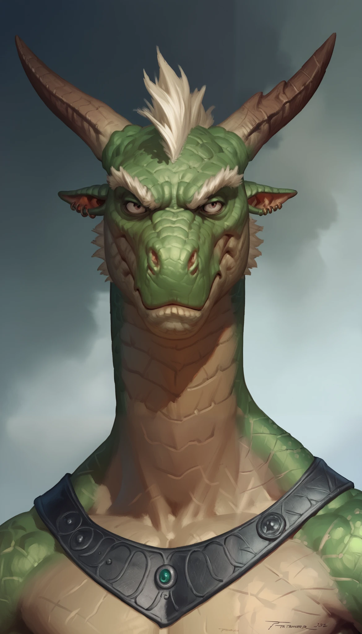 ((The Fallen Angel, by Alexandre Cabane)), Dragonborn, anthro, male, solo, scalie, green scales, dark green scales, angry, bitter, slender, old, elderly, mature, Kubrick stare, white goatee, white mohawk, frilled ears, sharp snout, frown, cut horns, short horns, 3/4 view, renaissance, fantasy, by Taran Fiddler, stormy background, wasteland