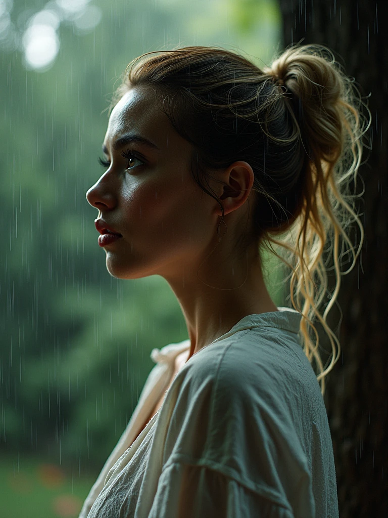 analog photo, silhouette, portrait, a beautiful sexy young woman, highly detailed face, big lips, broad lips, blonde woman, messy bun, big breast, seductive experience, rain wet cotton white shirt, off soldier, raining, garden teras, tree, RAW candid cinema,300mm, color graded portra 400 film, remarkable color, ultra realistic, wet fair skin, oily skin, British women,