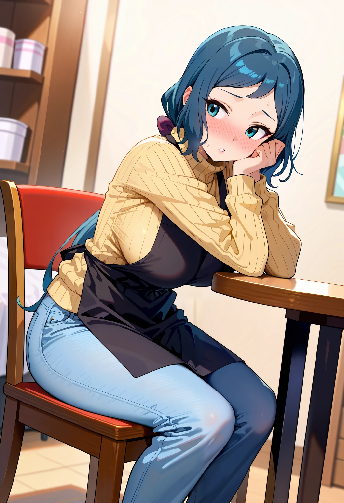 score_9, score_8_up, score_7_up, score_6_up, score_5_up, score_4_up, iori rinko, married woman, mature woman, solo, blue hair, long hair, blue eyes,, makeup, mature female, parted bangs, long hair, Slender and sexy body, large breasts, curvy body, a loose face, parted lips, sweat, nose blush, blush, facing viewer, looking away, head tilt, yellow turtle neck sweater, apron, Denim pants, in the store, table, chair, sitting on chair, leaning forward, arms on table, hands on own face. Dutch angle.