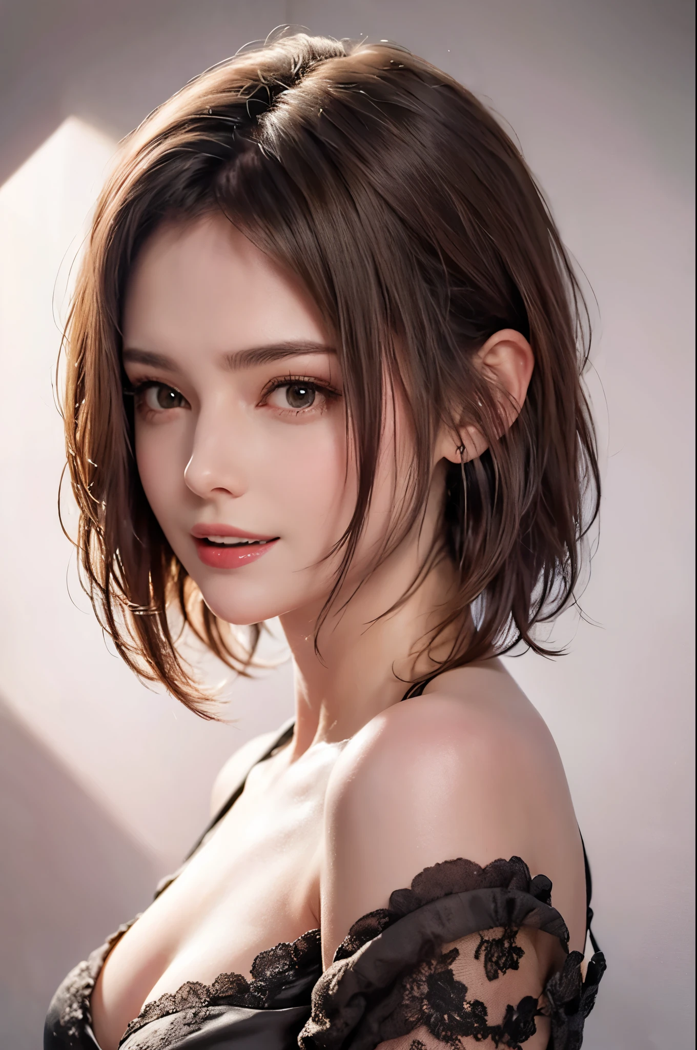 8K uhd、RAWphotograph、モデルphotograph撮影、 European race、(masterpiece、highest quality、Photorealistic、High resolution、photograph:1.3)、Close-up、Focusing、Hot Model、slim、30 year old mature woman、Small face、No makeup、Short Hair、Dark Brown Hair、Fine beautiful eyes、Real Skin、(perfect body)、Sexy hot face、Erotic、Sexual gaze、Detailed beautiful eyes、Glossy lips、Small breasts、Small breasts、Bust B cup、Realistic details、Cool beauty、Cool pose、Background gray、Plain grey background