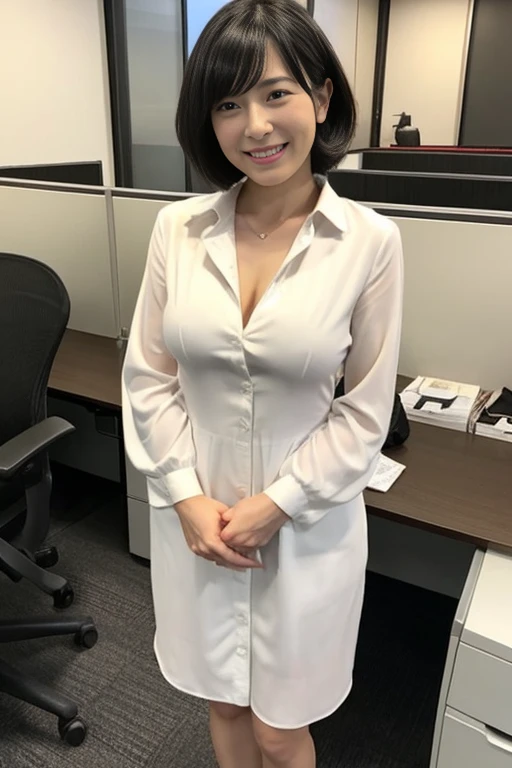 (8K,RAW Photos,highest quality,masterpiece:1.5),Watching the audience,smile,Black Hair,(live-action:1.5),(Realistic expression:1.5),Showing beautiful teeth,The background is an empty locker room:1.3,Short Hair,Mature Woman,(White business suit),(Grey tight mini skirt),(Huge breasts:1.4),(whole body:1.3),(Three Japanese women:1.3)