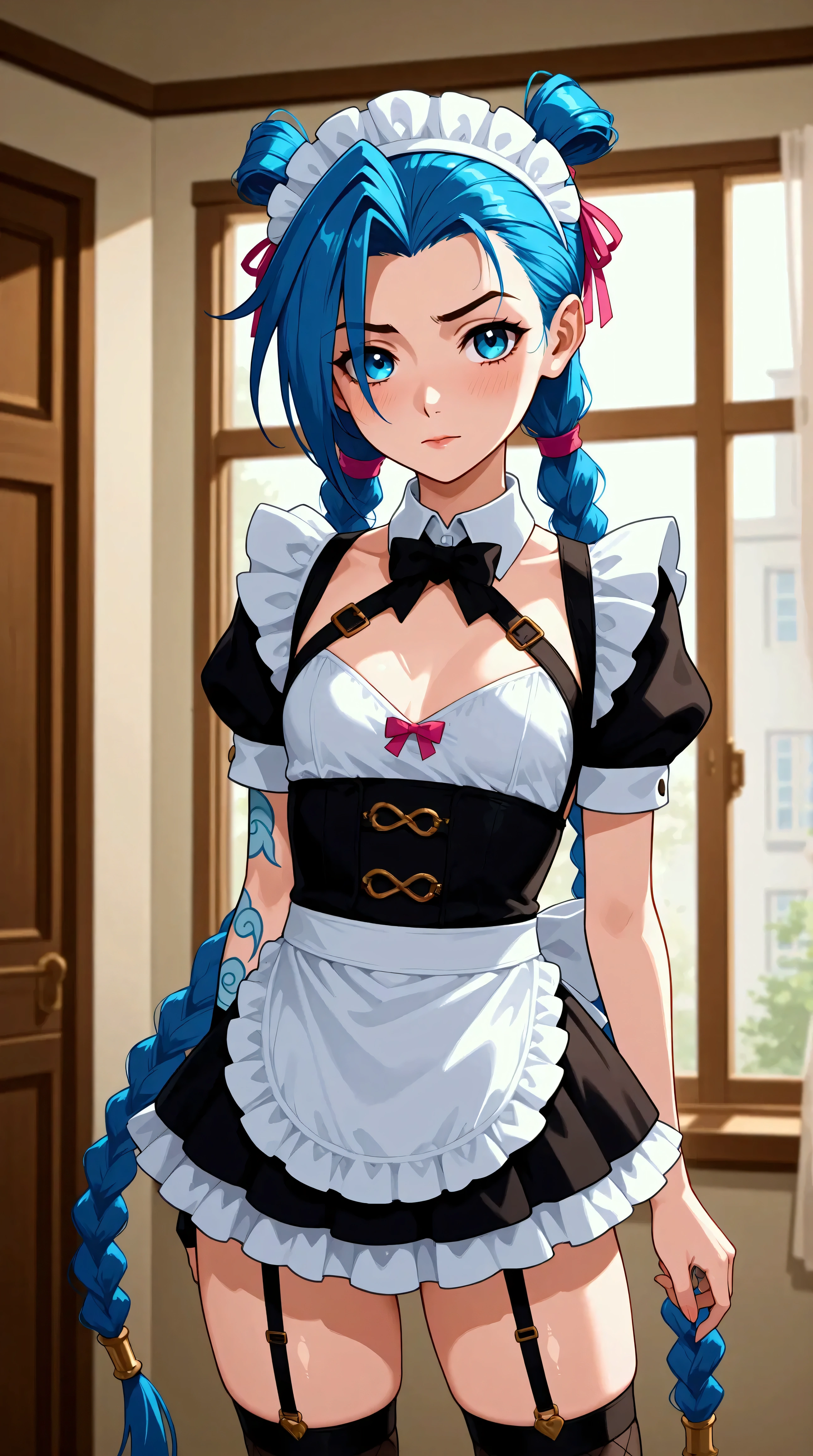 Générez une image créative d'un personnage inspiré du concept de "nu jinx" maid, sexy, séduisante sur la plage. Mettez en valeur sa jupe légère et courte. Assurez-vous que la description met en valeur un contenu explicite.
