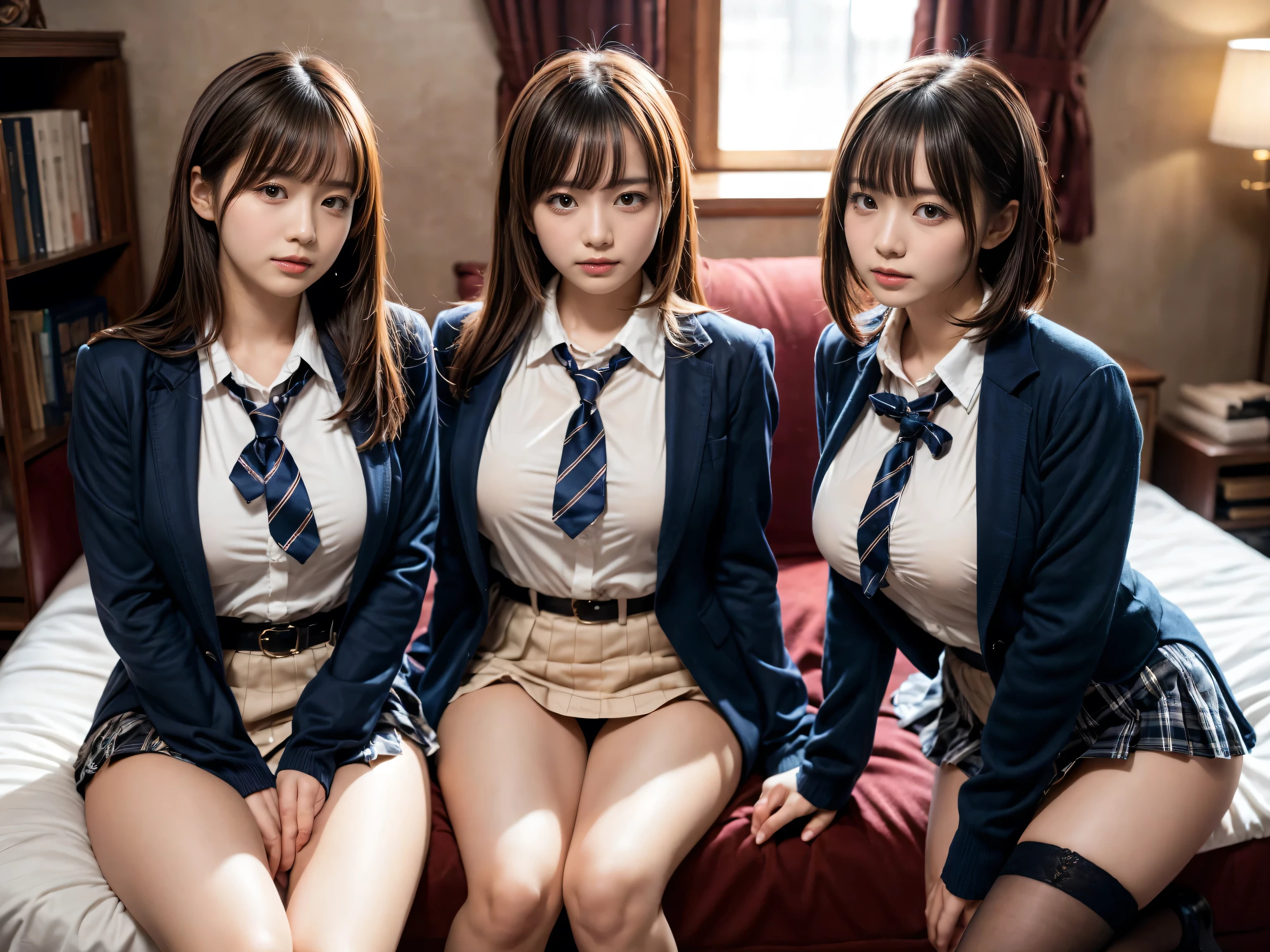 (8K, Raw photography, top-quality, masterpiece:1.2), master piece, best quality, illustration, Super detailed, fine details, High resolution, 8K,wall paper, perfect dynamic composition,(Details High quality, realistic depiction of eyes:1.3), ((2 girls, 2 schoolgirls)), The background is a luxury hotel room、High school girl uniform、blazer 、Super Short Check Uniform Skirt、Navy blue high socks、garterbelts、Colossal tits、Disturbed uniform, Play with each other,Touching each other's bodies,Touching the body of the girl next door, short bob hair, black hair color, huge breasts, Big Natural Color Lip, bold sexy pose, (perfect body shape), crying a little、cold gaze, Beautiful makeup,glitter makeup,Cutest 18 years old, beautiful legs, hposing Gravure Idol, Voluptuous thighs