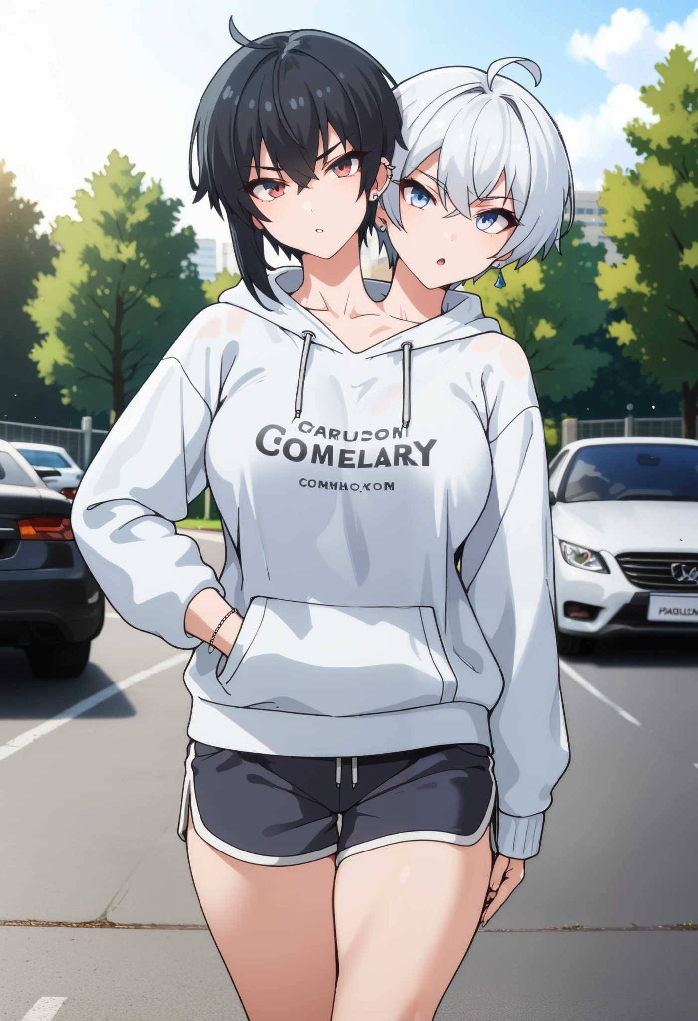 2heads, a tall thin woman with 2 heads, black hair, white hair, red eyes, blue eyes, grinning, She is wearing a white hoodie and black dolphin shorts. She is inside a Car park. She is walk in the Car park, Gigantic breasts. tomboy, ear piercing, kia K5