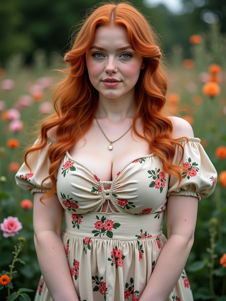 Beautiful young woman, 25 years old, chubby, chubby girl, overweight, gorgeous face, light freckles, irish redhead, wavy long ginger hair, pale skin, skin imperfections, skin dentation, detailed eyes, grey eyes, big breasts, wide hips, sharp Focus, ultra high quality, curvy body, crazy details, intricate pose, (wearing flowery linen dress), deep cleavage, 8k uhd wallpaper, (masterpiece, best quality), artwork photography, (photorealistic:1.37), standing in the garden watering flowers